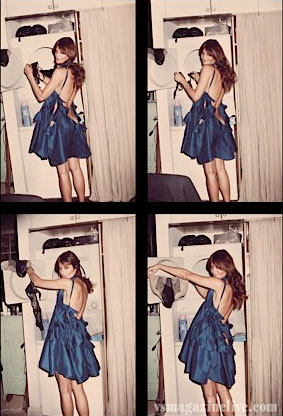 Helena Christensen, blue dress, at home