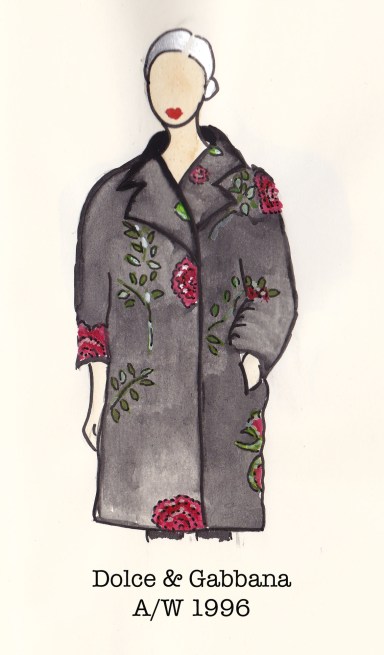 Dolce & Gabbana Fall 1996, Fashion Illustration, Rose and Black Swagger Coat, Carolyn Everitt