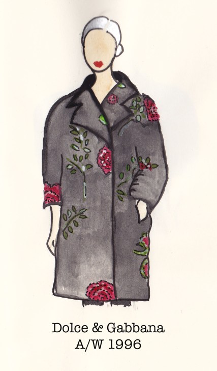 Dolce & Gabbana Fall 1996, Fashion Illustration, Rose and Black Swagger Coat, Carolyn Everitt