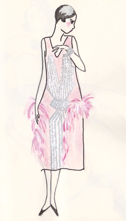Pink Ostrich Flapper Dress, Carolyn Everitt, Fashion Illustration