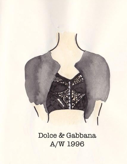 Dolce & Gabbana Fall 1996, black corset and cropped cardigan, Fashion Illustration, Carolyn Everitt