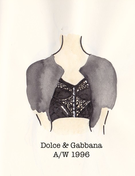 Dolce & Gabbana Fall 1996, black corset and cropped cardigan, Fashion Illustration, Carolyn Everitt