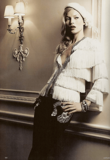 Kate Moss, White Beret, Fringed jacket, 1930s style, Lachlan Bailey, Vogue December 2007.