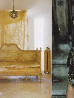 Carolyn Quartermaine, Chandelier, Gold settee, sequinned cardigan