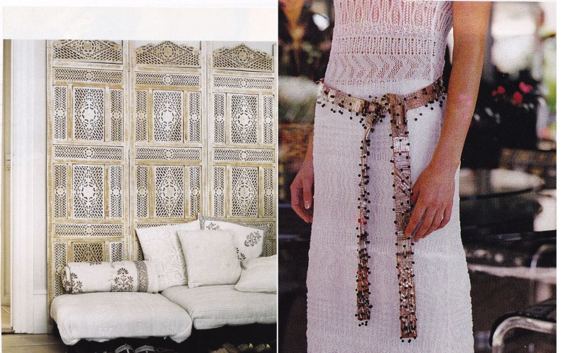 Moroccan style storage, lace dress, gold handmade belt
