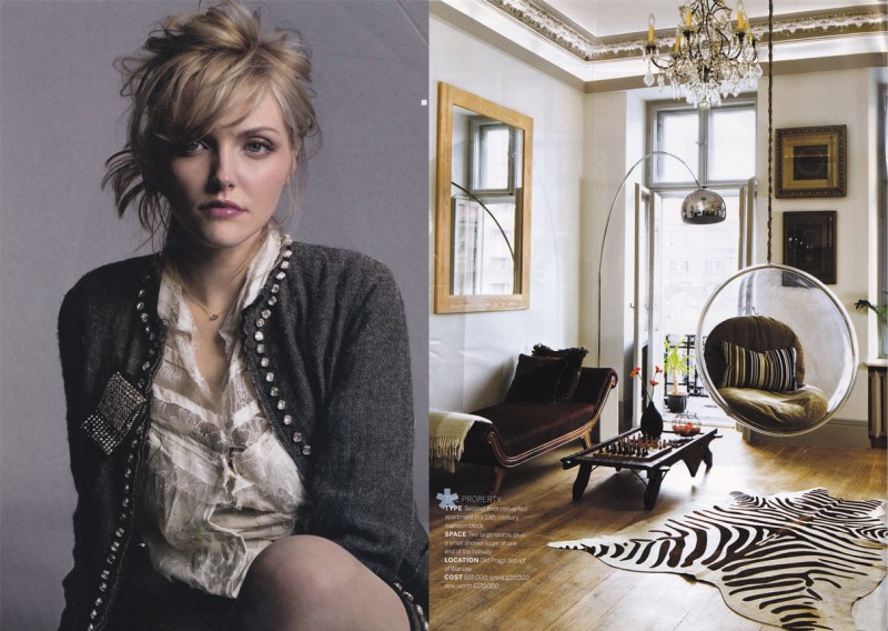 Sophie Dahl, lace shirt, sequinned jacket, hanging bubble chair