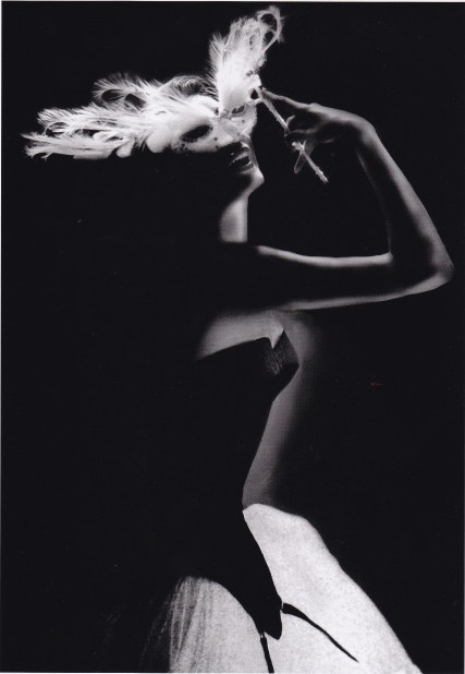 Lillian Bassman, Merry Widow 1954, Venetian masks, black basque