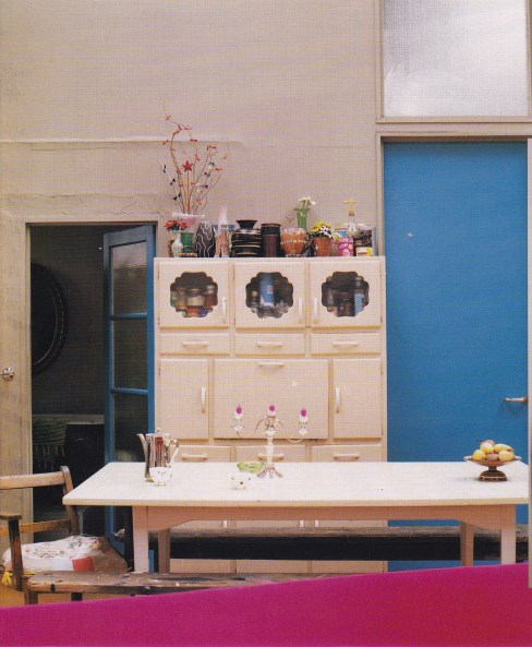 kitsch dining room, industrial interior, pink