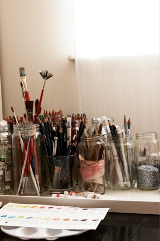 Work space, paintbrushes